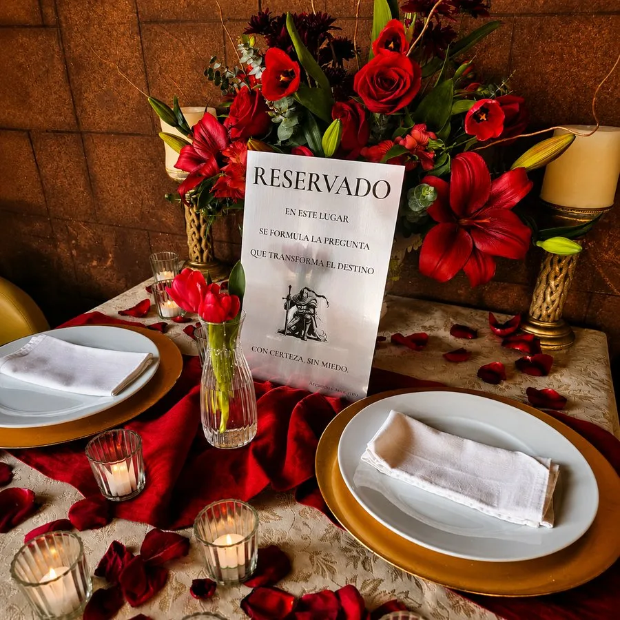 Mesa preparada para una pedida de mano en Arcanum Domus, con rosas rojas, velas y letrero de reservado