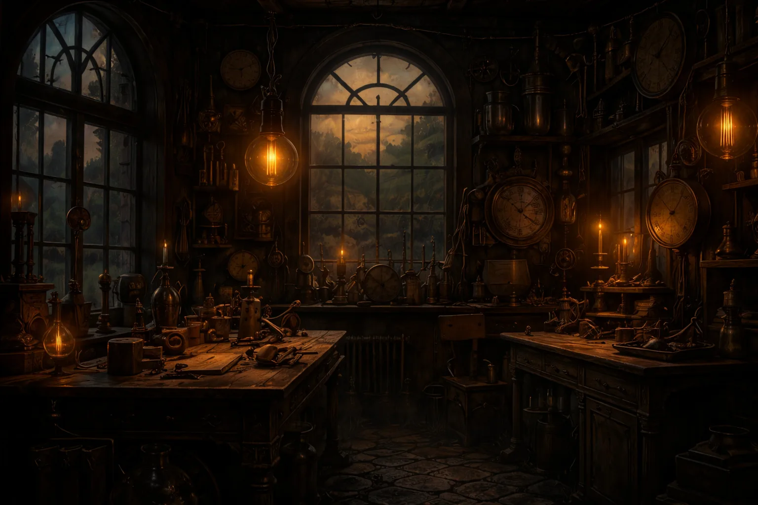 Salón con ventanal y biblioteca de alquimista en Arcanum Domus