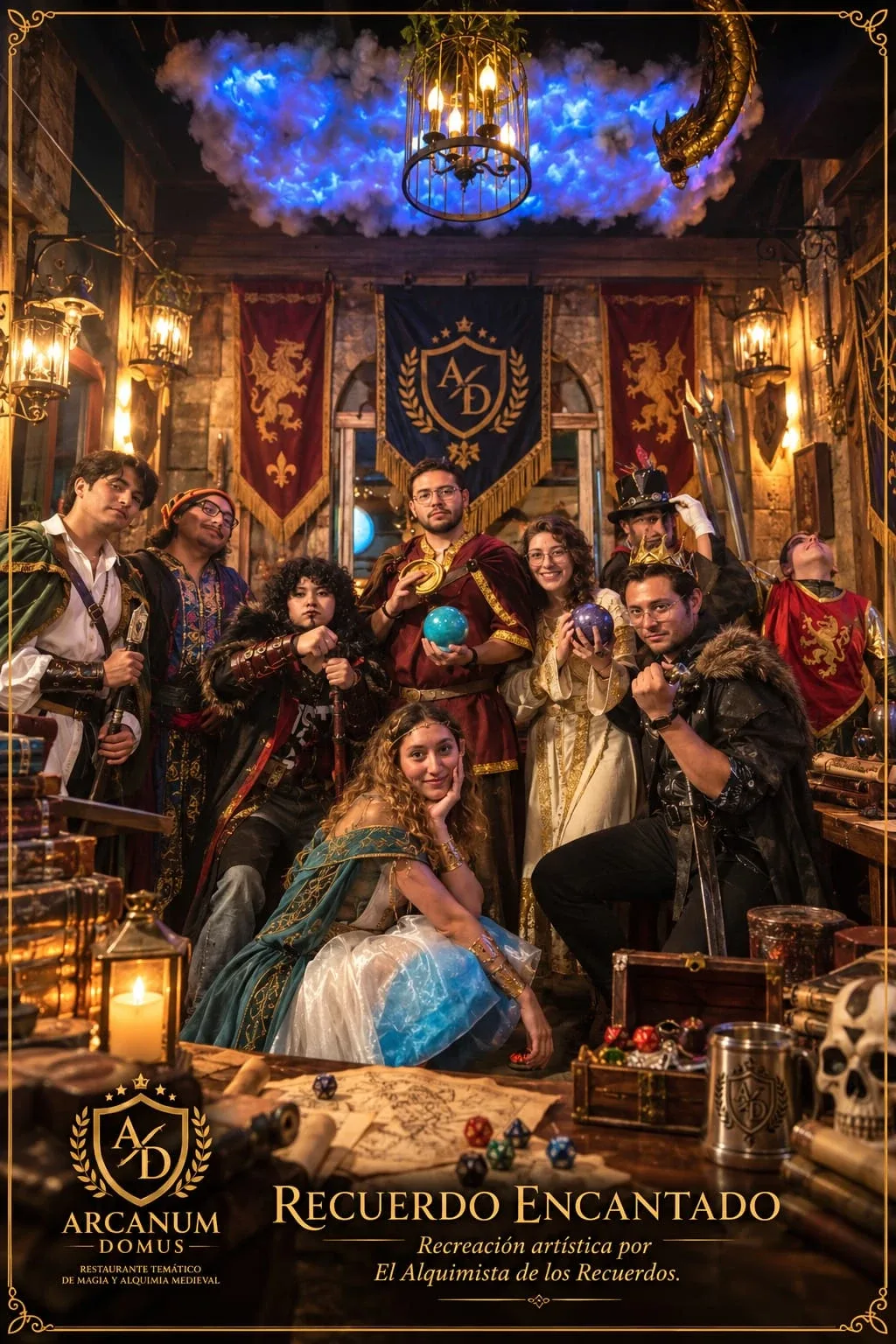 Recuerdo Encantado: grupo de jugadores disfrazados de sus personajes en Arcanum Domus, imagen embellecida con inteligencia artificial